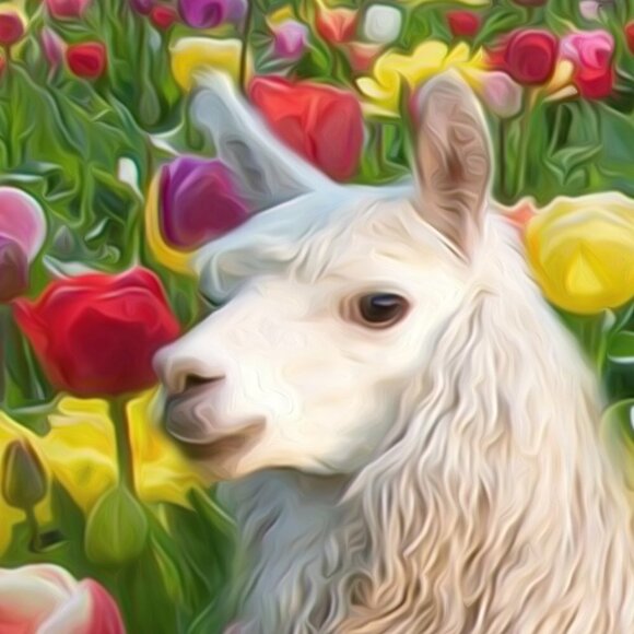 16x20 Suri Alpaca Field of Flowers Sky Landscape Fantasy Oil Painting Art Print - Picture 4 of 7